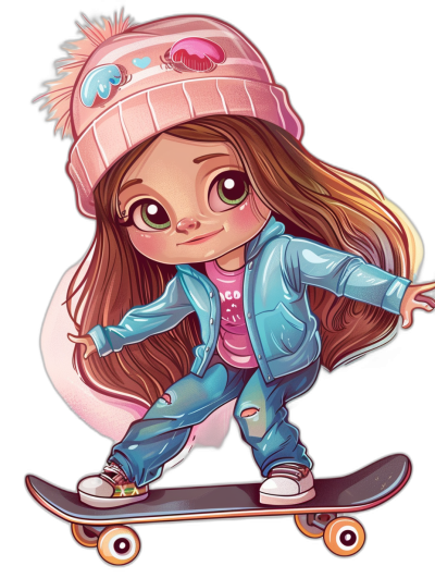 cartoon girl in the style of chibi with big eyes and long hair wearing a pink beanie hat and blue jacket on a skateboard against a black background