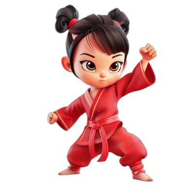 A cute Chinese girl in a red martial arts costume, with double ponytail hair and big eyes is practicing kung fu on a black background, in a chibi style, with a full body shot, in the style of Disney Pixar Animation. With a black background and in a Disney style, it is a cartoon scene.