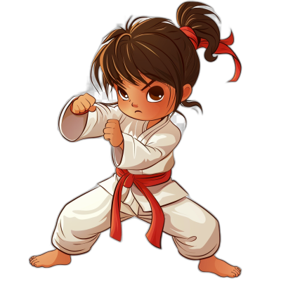 chibi cute girl doing karate, red belt, black background, tshirt design vector artwork, high resolution, professional color palette, professional graphic art style, professional lighting and shadows, professional shading, professional detail and texture, professional character illustration, professional character design, professional character drawing, professional character animation, professional character design