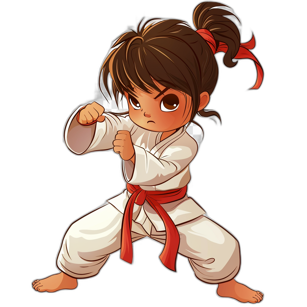 chibi cute girl doing karate, red belt, black background, tshirt design vector artwork, high resolution, professional color palette, professional graphic art style, professional lighting and shadows, professional shading, professional detail and texture, professional character illustration, professional character design, professional character drawing, professional character animation, professional character design