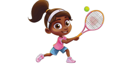 A cute little girl playing tennis, wearing a pink shirt and blue shorts with a white headband. She has brown skin and the artwork is in the cartoon style with a black background. She is holding a racket and hitting the ball, in the style of Disney Pixar. It is a character design sheet.