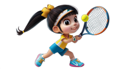 A cute little girl playing tennis, with Asian facial features, wearing yellow and blue  with a white headband on her forehead, with black hair in pigtails, holding the racket at an angle of about 45 degrees, in a cartoon style resembling Disney Pixar character designs, on a black background, with 3D rendering at a high resolution with high details, as a full body shot, using bright colors with high saturation, with no other elements around, focusing on the character and with sports equipment nearby. The camera is placed horizontally to the right side of the frame.