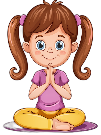 cartoon girl doing yoga in the style of cartoon style vector illustration with black background, cute and adorable little children's book illustration style, brown hair in pigtails wearing purple shirt yellow pants smiling sitting on the floor hands folded together praying for support of app or website, high resolution, high details