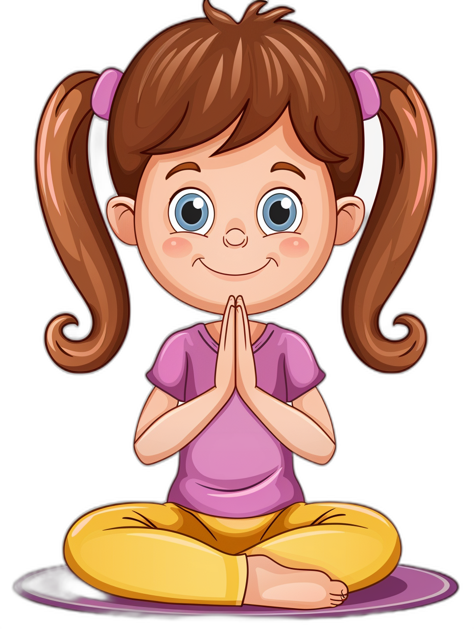 cartoon girl doing yoga in the style of cartoon style vector illustration with black background, cute and adorable little children’s book illustration style, brown hair in pigtails wearing purple shirt yellow pants smiling sitting on the floor hands folded together praying for support of app or website, high resolution, high details