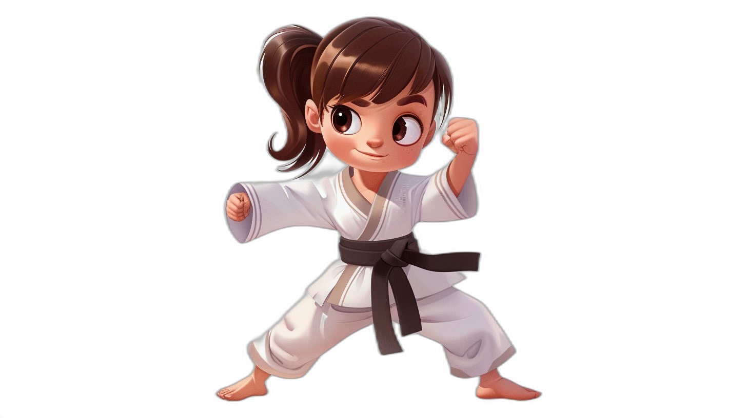 cartoon girl with brown hair in a ponytail, in a karate pose, wearing a white outfit and black belt, as a full body, with a simple design, as a cute character, on a black background, in the style of chibi.