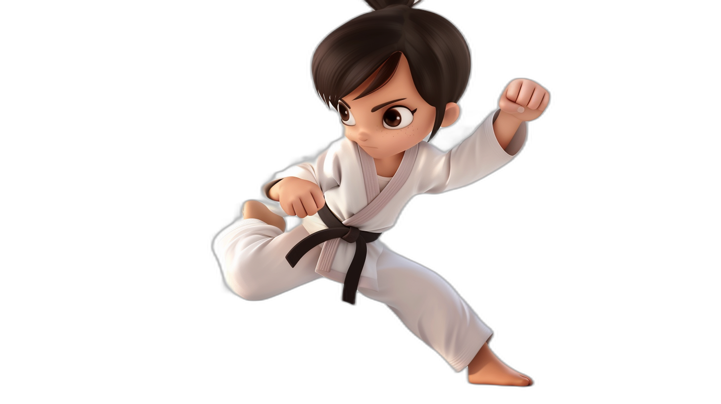 A young girl in a white karate outfit with a black belt and dark hair is doing a kick with her right leg. The style is 3D character in the style of cartoon with a simple drawing on a black background. She looks cute with Pixar quality.