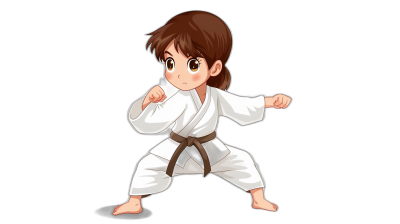 A little girl is practicing karate with simple facial expressions and a cute cartoon character design. She wears a white kung fu suit with a brown belt against a black background. The illustration style is in the style of vector with a flat illustration. It is high resolution with high detail and high quality for a high definition and high sharp image.