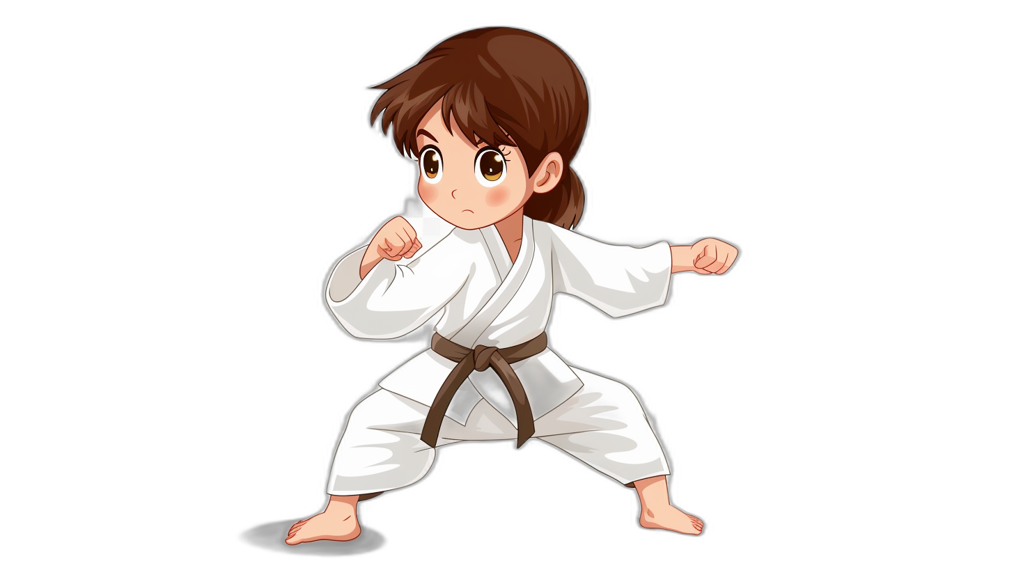 A little girl is practicing karate with simple facial expressions and a cute cartoon character design. She wears a white kung fu suit with a brown belt against a black background. The illustration style is in the style of vector with a flat illustration. It is high resolution with high detail and high quality for a high definition and high sharp image.