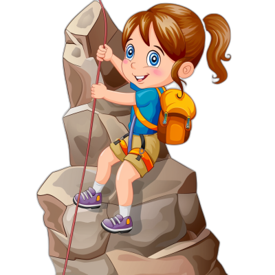 Cute cartoon girl climbing a rock with a rope, wearing a blue shirt and shorts, with a brown backpack on her back, in the style of a vector illustration, on a black background, with colorful colors, in a cartoon character design style, with simple lines, with a cute expression. She is smiling while holding onto the mountain wall to climb up, with a focus and high resolution.