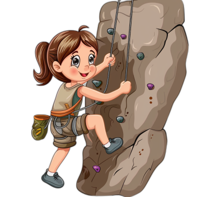 A cute girl is climbing on the rock wall in the style of clip art style cartoon illustration for kids with black background, hd