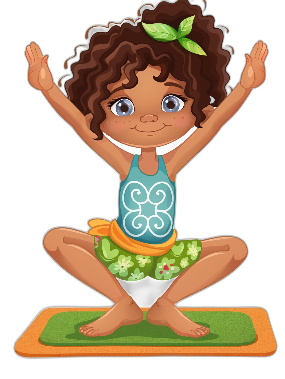 cartoon illustration of an adorable little girl with brown skin, blue eyes and curly hair doing yoga poses on her own mat wearing spandex shorts and tank top in green white orange colors with leaf patterns, she has big smile, hands up, black background, clipart style isolated from the edges on solid color black background