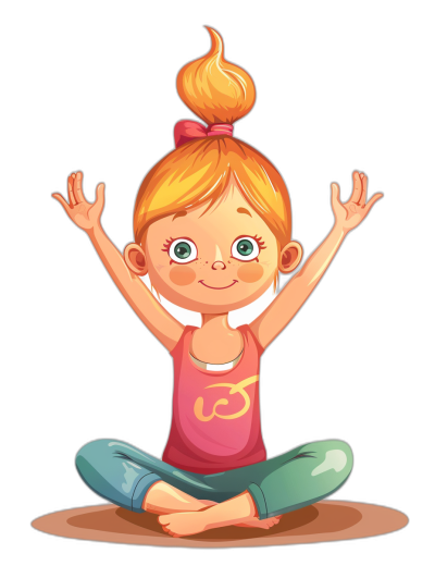 A cute little girl doing yoga, vector illustration with black background, cartoon style, simple lines, colorful colors, flat design, without shadows, high resolution. The character is smiling and wearing sportswear. Her hair should be blonde or red in color, tied into an updo hairstyle, and her eyes greenish blue in tone. She has large bright brown eyebrows and she's sitting on the ground facing forward. A small pink ribbon was placed above her head to make it stand out more. Full body portrait. In front of her there must be space for text.