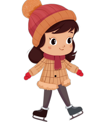 A cute girl wearing winter  and ice skates, in a cartoon style vector illustration with a black background. She has dark brown hair and is dressed in warm  such as an orange coat and red scarf. Her hat features large fluffy pom-poms on the brim that add to her playful appearance. The clipart captures the youthful energy of skating and can be used for various creative projects.