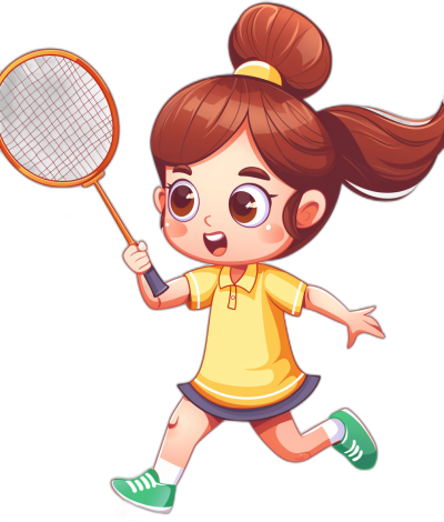 A cute little girl playing badminton in a cartoon style vector illustration with a black background. She is wearing yellow and blue , holding the racket in her hand while running forward. Her hair was tied into two pigtails on top of her head. The eyes were big and bright, full of vitality. High definition resolution with realistic details in the style of a 32k ultra high definition quality, high detail illustration.