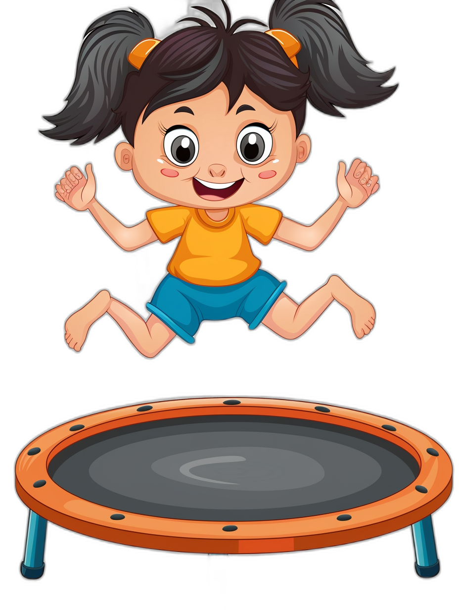 A cute cartoon girl jumping on the trampoline, smiling happily, vector illustration style with black background and white space around her. She has long hair tied in two ponytails, wearing an orange t-shirt and blue shorts. The entire scene is centered around him.