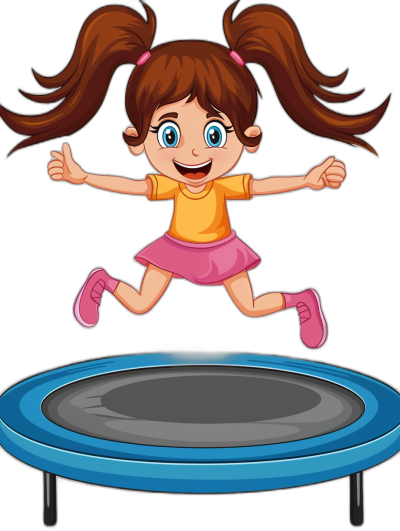 A cartoon girl jumping on the trampoline, vector illustration style with black background. She has long brown hair in pigtails and is wearing pink shoes and an orange shirt. Her face exudes happiness as she jumps high into the air. The trampolines surface should be smooth blue for realism.