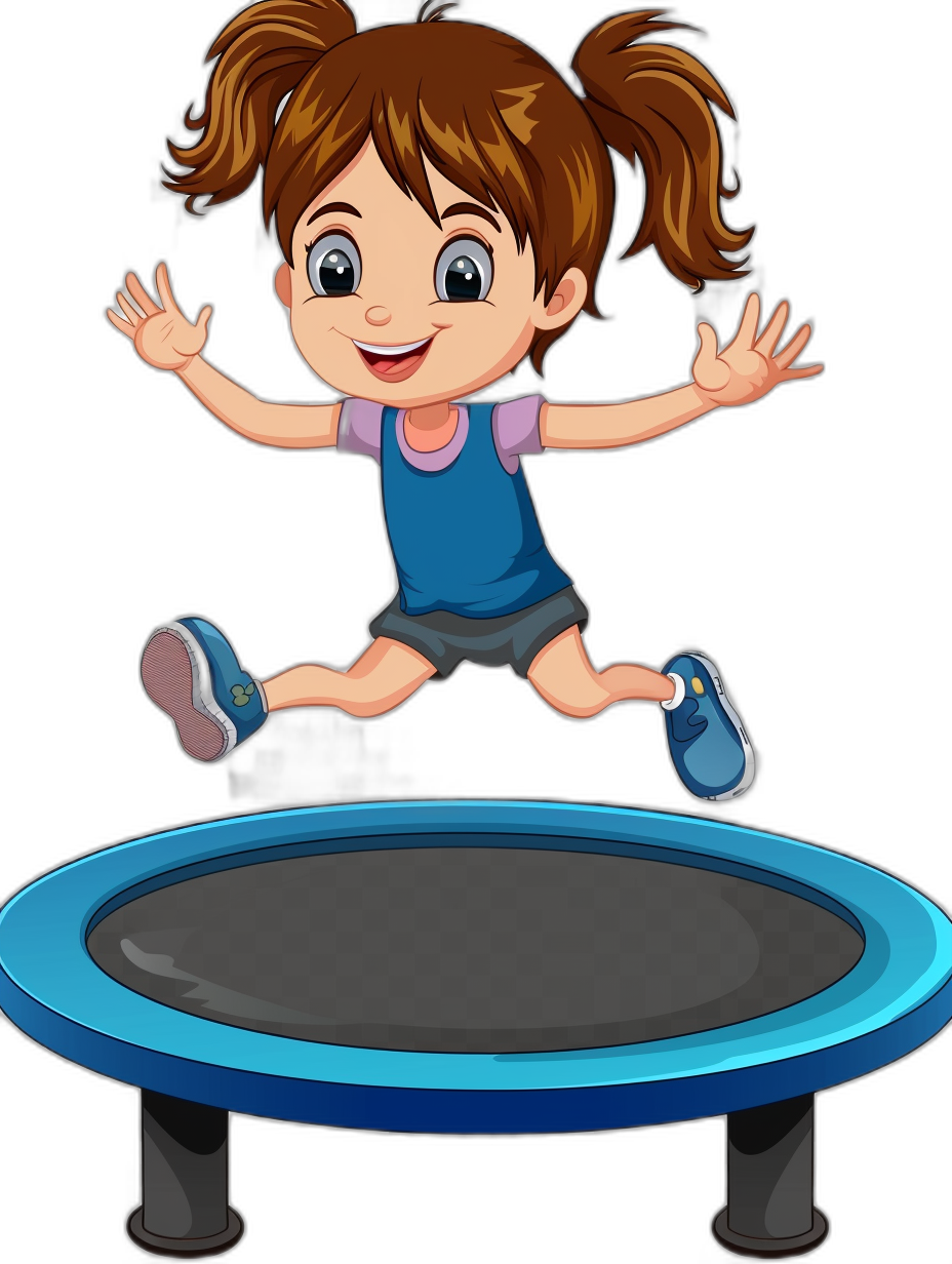 A cartoon girl jumping on the trampoline in a vector illustration style with a black background. The little cute brown haired girl with blue eyes, wearing sportswear, is having fun in an indoor playground or park and enjoying her time while playing on a round bouncy trampoline isolated on a white background.