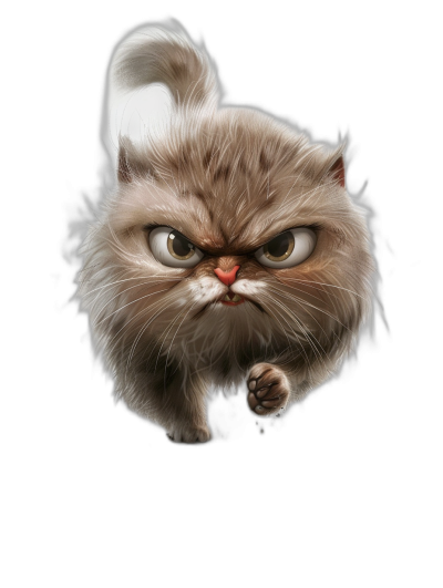 A cute Persian cat with an angry face, jumping towards the viewer. Black background. In the style of a cartoonish 3D render.